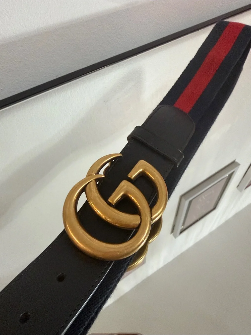 Gucci Black Leather & Navy Red Web Belt with Gold Double G Buckle